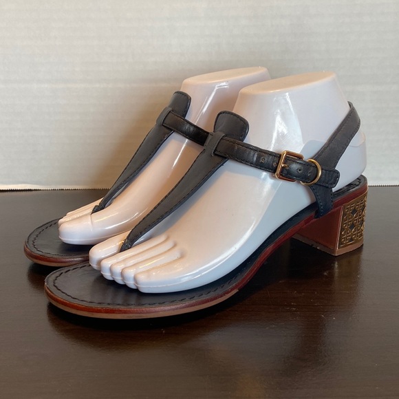 Tory Burch Audra Navy Thong Block Heel Sandals Size 8 - Picture 3 of 16